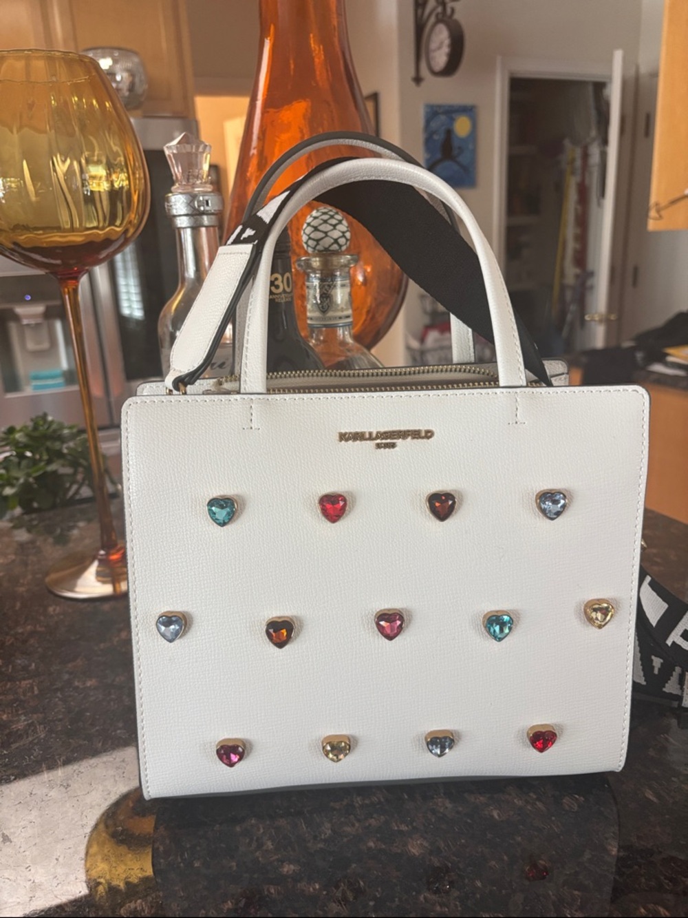 Kurt Geiger White Satchel with Multicolor Heart Studs